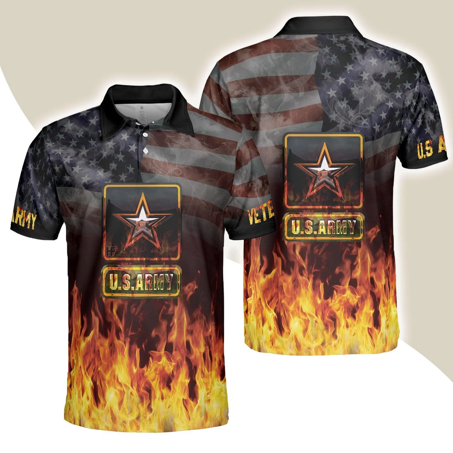 US Army Veteran And Flame Polo Shirt, American Flag Veteran Shirt For Retired Veterans, Flame Veteran Shirt - Perfect Gift For Men