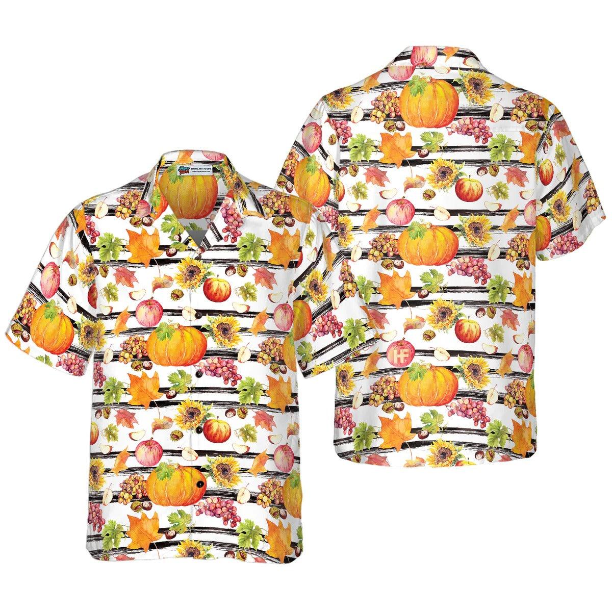 Vegetables Hawaiian Shirt - Watercolor Thanksgiving Vegetables With Black Stripes Hawaiian Shirt, Pumpkin Hawaiian Shirt - Gift For Lover, Friend, Family - Image 2