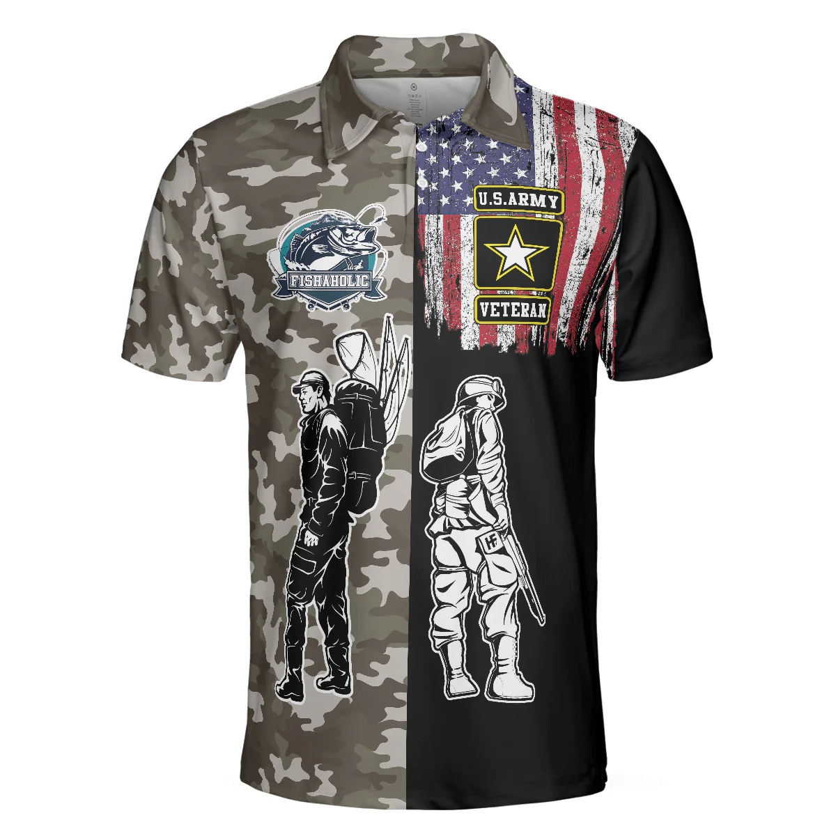 Veteran Fishing With American Flag Polo Shirt, Camouflage Veteran Fisher Sketching Polo Shirt, Patriotic Fishing Shirt For Men - Perfect Gift For Men - Image 3