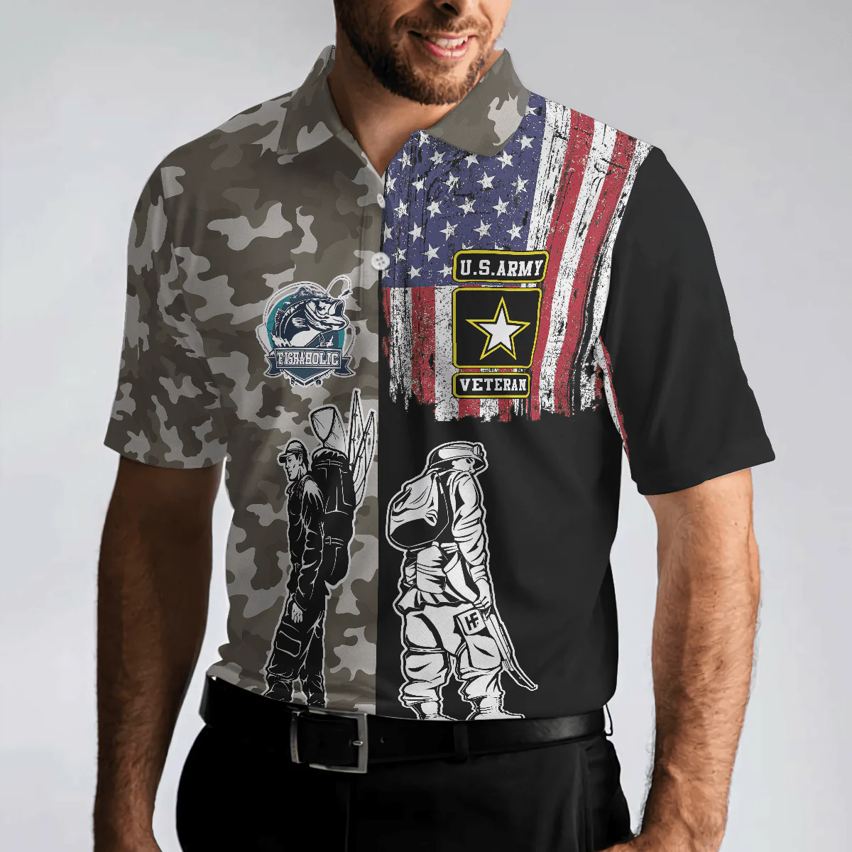 Veteran Fishing With American Flag Polo Shirt, Camouflage Veteran Fisher Sketching Polo Shirt, Patriotic Fishing Shirt For Men - Perfect Gift For Men - Image 4