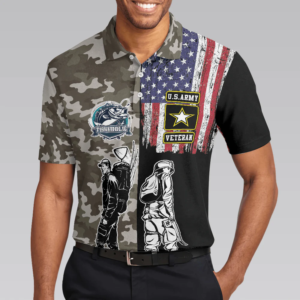 Veteran Fishing With American Flag Polo Shirt, Camouflage Veteran Fisher Sketching Polo Shirt, Patriotic Fishing Shirt For Men - Perfect Gift For Men - Image 5