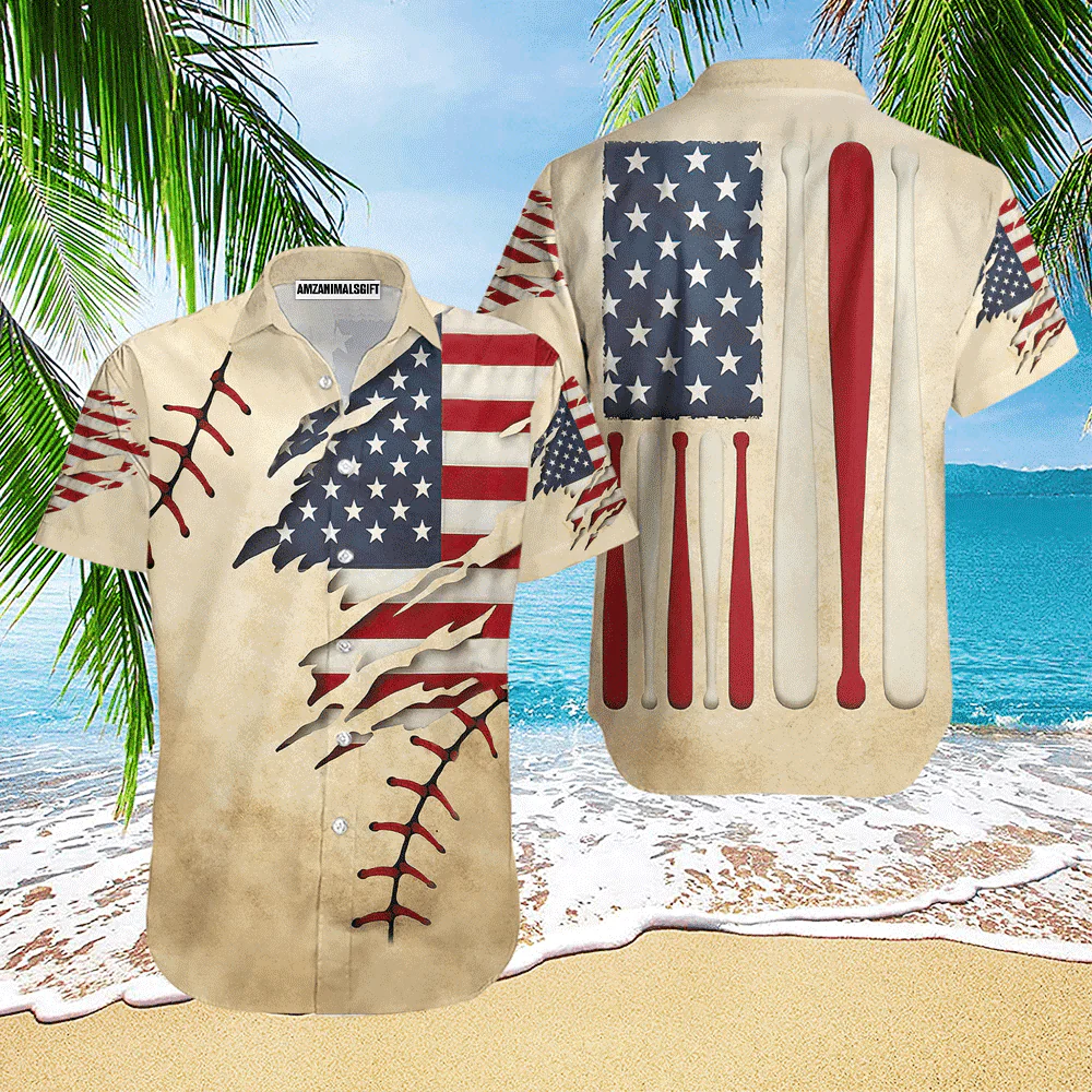 Vintage American Flag Baseball Bat Aloha Hawaiian Shirts For Men Women, 4th Of July Gift For Summer, Friend, Family, Independence Day, Baseball Lovers - Image 3