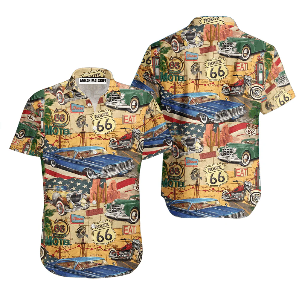 Vintage Cars Route American Flag 66 Aloha Hawaiian Shirts For Men Women, 4th Of July Gift For Summer, Friend, Family, Independence Day - Image 2
