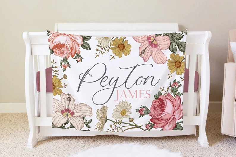 Vintage Floral Baby Kids Blanket With Customized Name For Baby Girl Nursery, Daughter, Granddaughter, Month Gifts