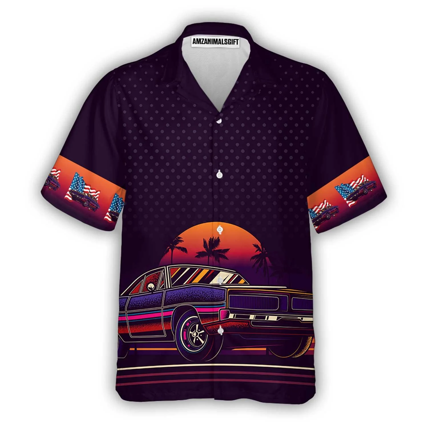 Vintage Neon Muscle Car Hawaiian Shirt, US Flag Hawaiian Shirt For Men - Perfect Gift For Lover, Friend, Family - Image 2