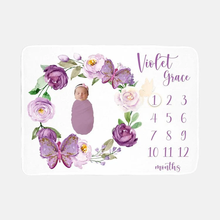 Violet Floral Butterfly Baby Milestones Blanket With Customized Name For Baby Girl Nursery, Daughter, Granddaughter - Image 2