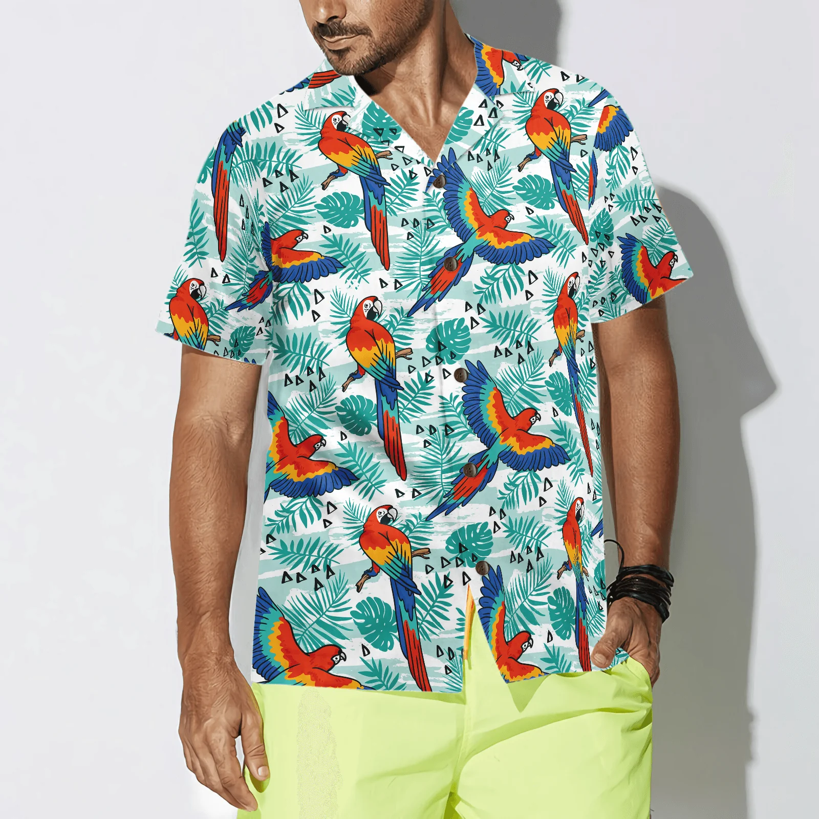 Watercolor Parrot & Palm Leaves Hawaiian Shirt, Colorful Summer Aloha Shirts For Men Women, Perfect Gift For Husband, Wife, Boyfriend, Friend - Image 4