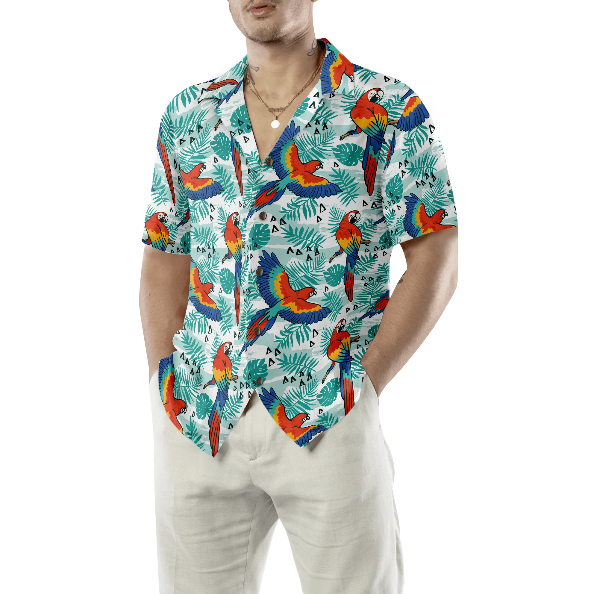 Watercolor Parrot & Palm Leaves Hawaiian Shirt, Colorful Summer Aloha Shirts For Men Women, Perfect Gift For Husband, Wife, Boyfriend, Friend - Image 6