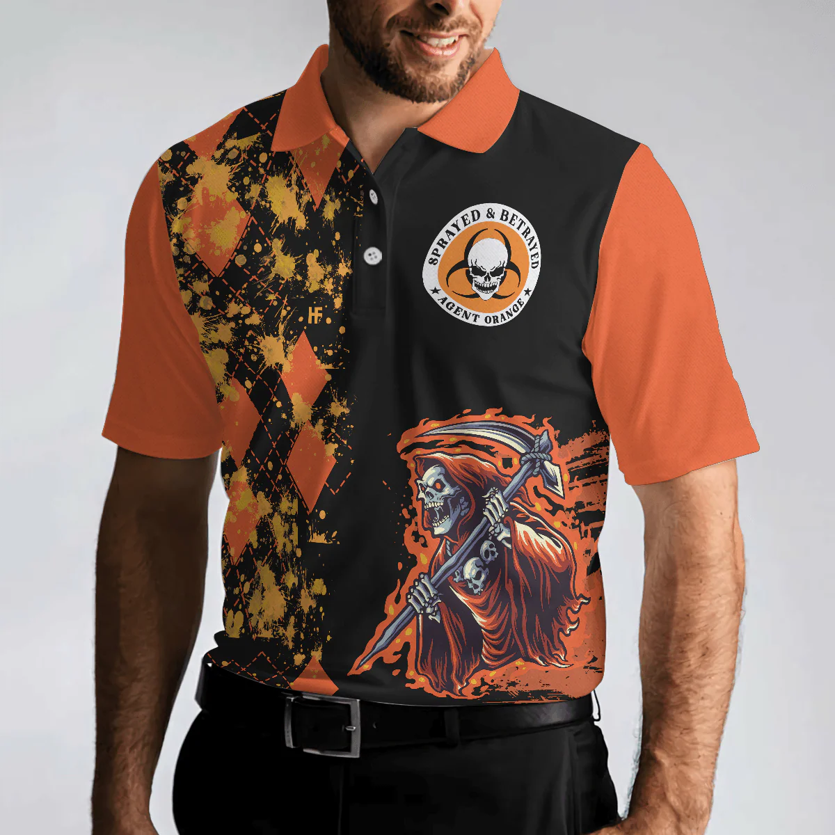We Came Home And Death Came With Us Agent Orange Polo Shirt, Orange Argyle Pattern Shirt For Veterans - Perfect Gift For Men, Veterans - Image 4