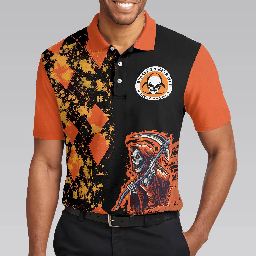 We Came Home And Death Came With Us Agent Orange Polo Shirt, Orange Argyle Pattern Shirt For Veterans - Perfect Gift For Men, Veterans - Image 5