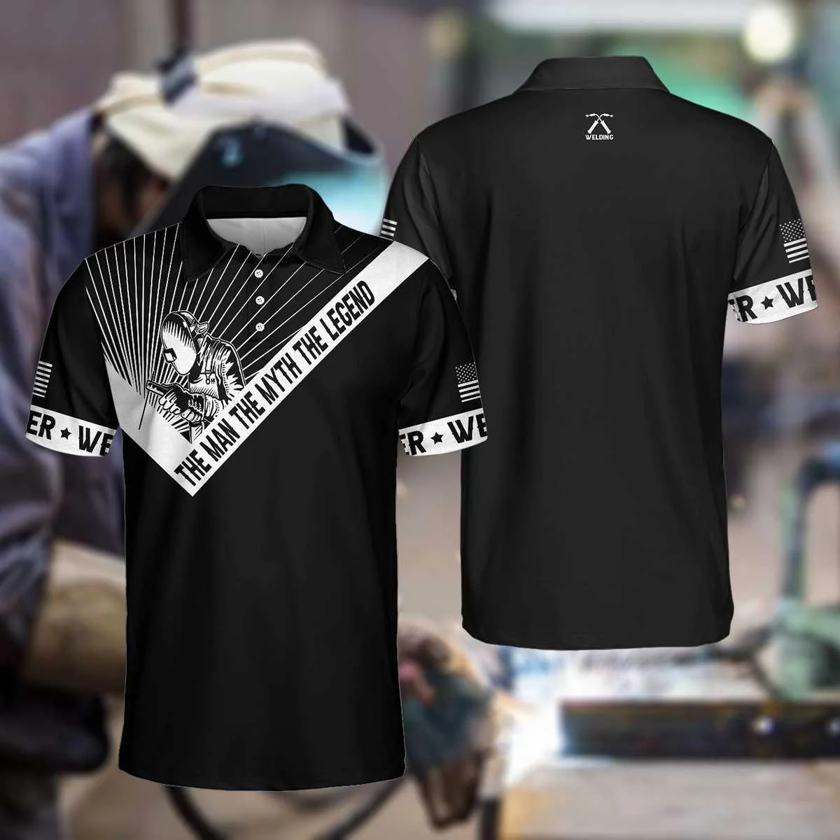 Welder Men Polo Shirt, The Man The Myth The Legend Polo Shirt, Black And White American Flag Welder Shirt - Perfect Gift For Men, Welders