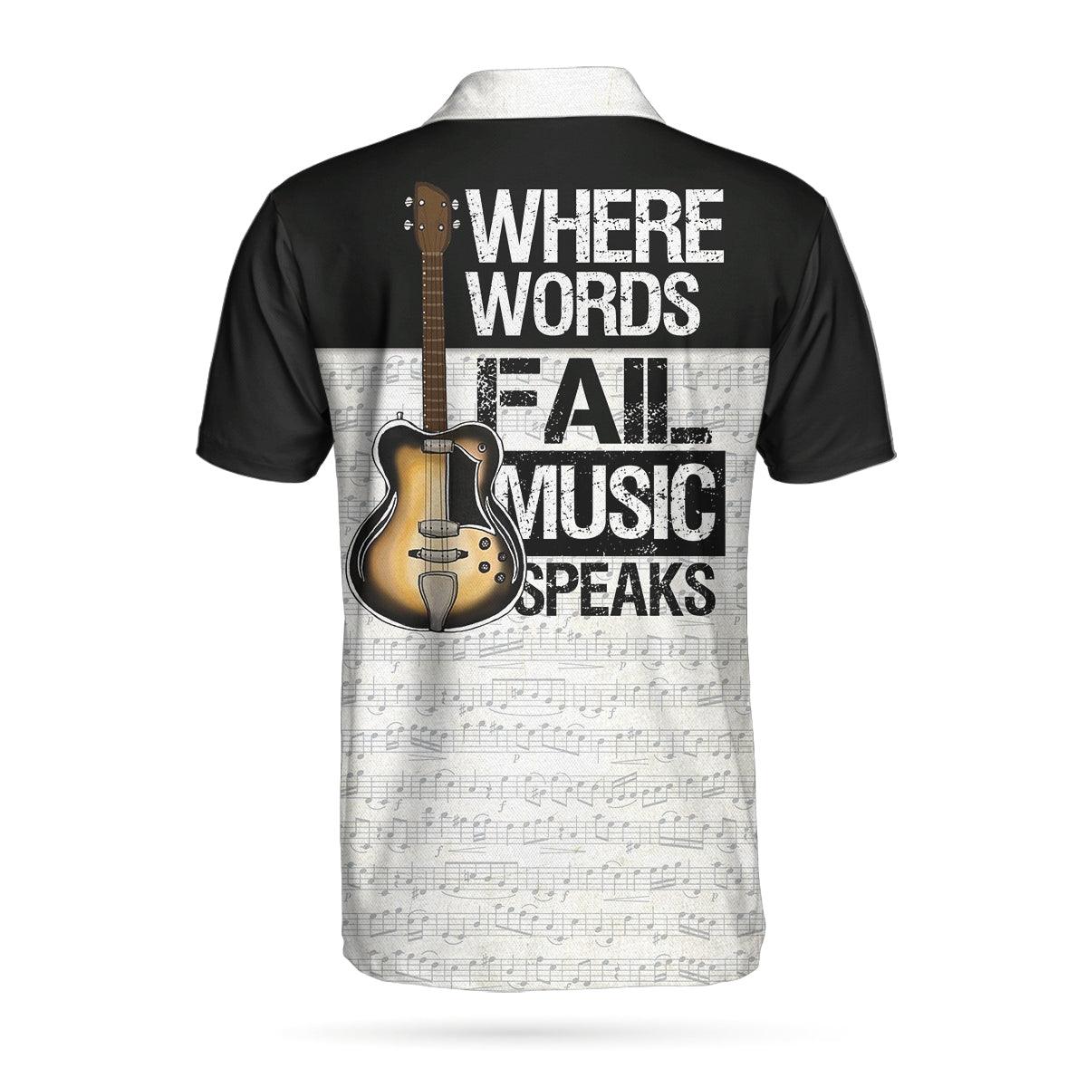 Where Words Fail Music Speaks Guitar Polo Shirt, Black And White Music Polo Shirt, Best Guitar Shirt - Perfect Gift For Men - Image 3