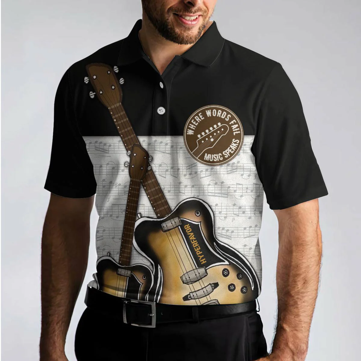 Where Words Fail Music Speaks Guitar Polo Shirt, Black And White Music Polo Shirt, Best Guitar Shirt - Perfect Gift For Men - Image 4