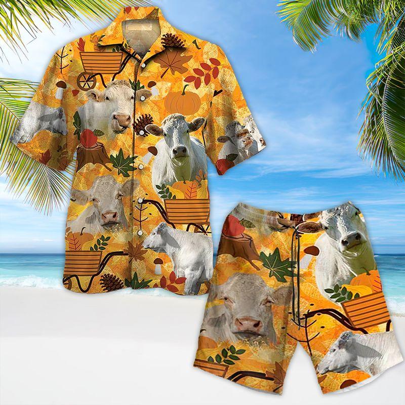 White Cow Aloha Hawaiian Shirts For Summer, Autumn Symbol Pattern Hawaiian Set For Men Women, Thanksgiving Gift For Friend, Farmer, Harvest Day