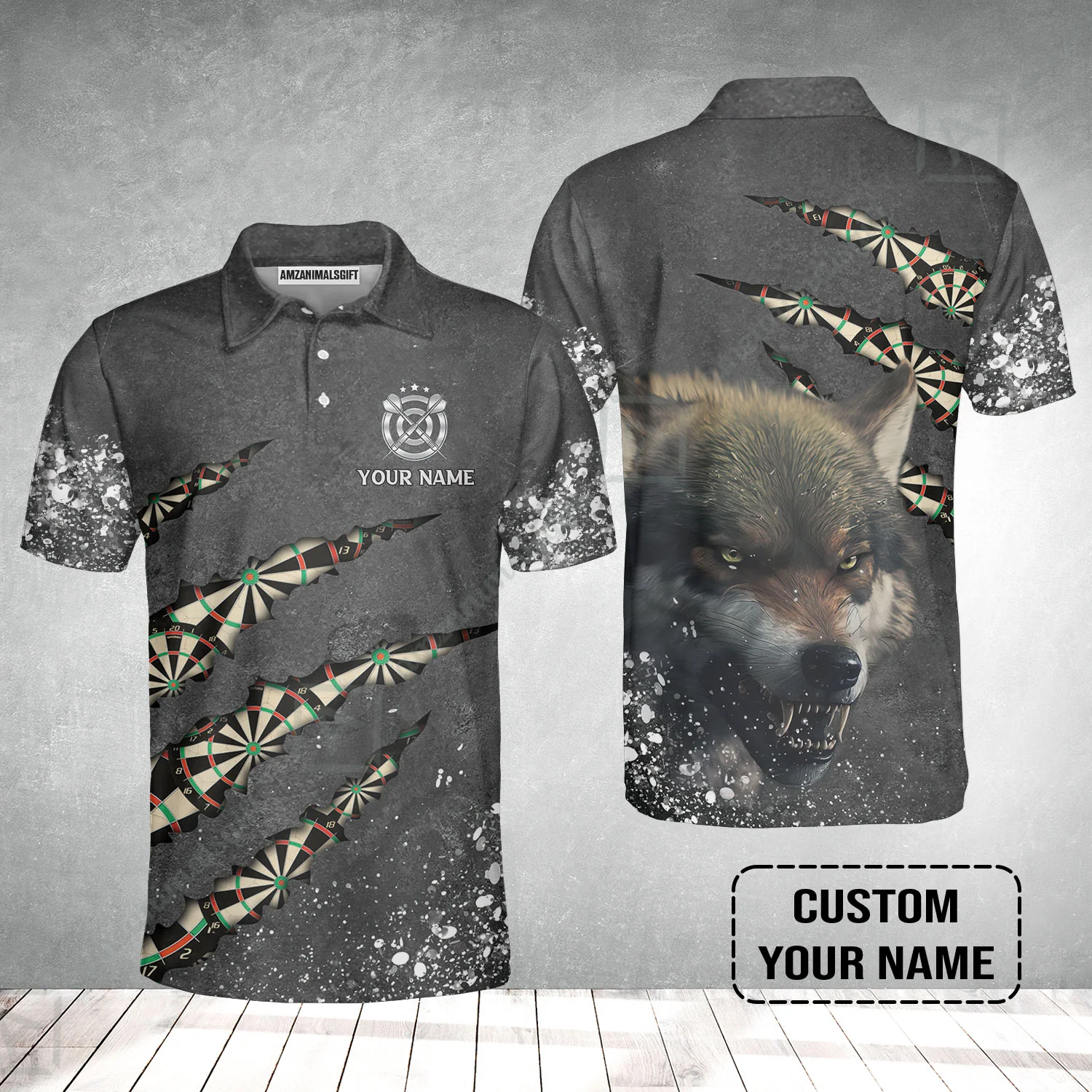 Wolf And Darts Custom Name Men Polo Shirt, Darts Paint Splash Personalized Men Polo Shirt - Image 2