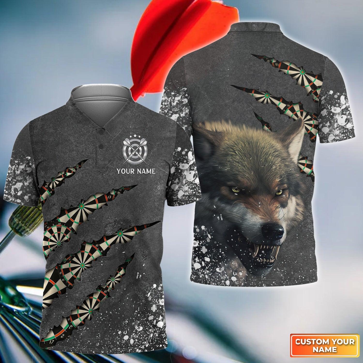 Wolf And Darts Custom Name Men Polo Shirt, Darts Paint Splash Personalized Men Polo Shirt Gift For Darts Lovers, Friends, Darts Team Player