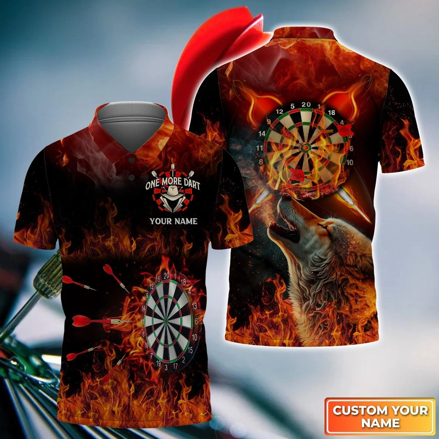 Wolf And Darts Custom Name Men Polo Shirt, Flame Bullseye Dartboard Personalized Men Polo Shirt Gift For Darts Lovers, Friend, Team Player