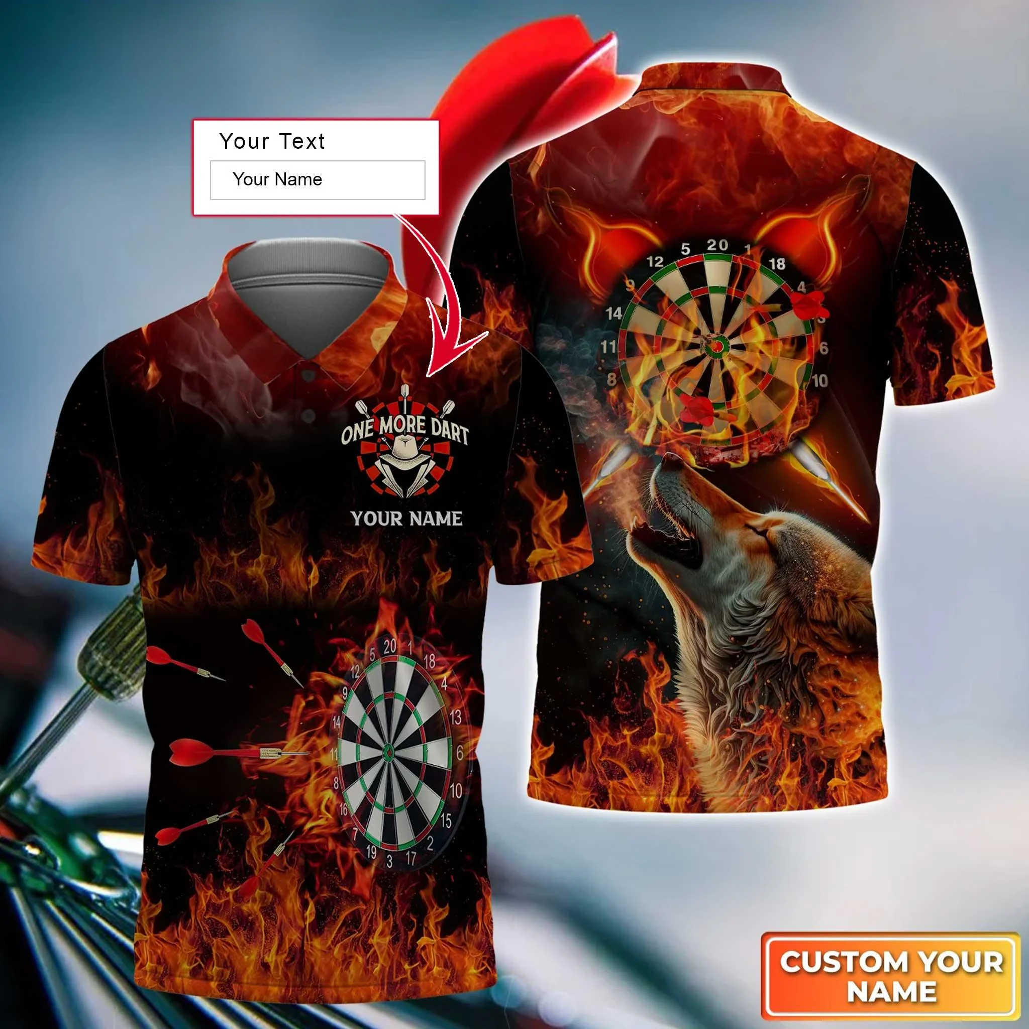 Wolf And Darts Custom Name Men Polo Shirt, Flame Bullseye Dartboard Personalized Men Polo Shirt Gift For Darts Lovers, Friend, Team Player - Image 3