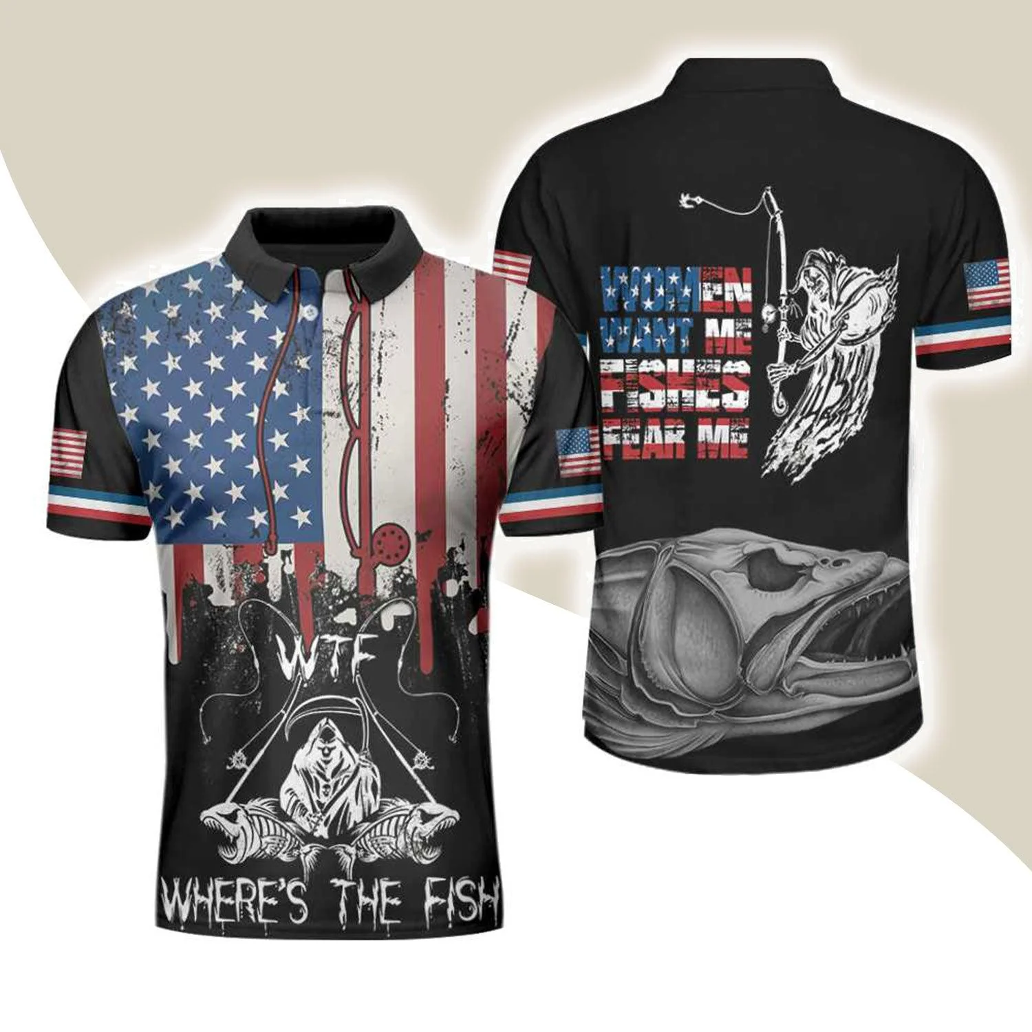 Woman Want Me Fishes Fear Me Black Version Polo Shirt, Fish Skeleton Reaper American Flag Polo Shirt, Best Fishing Shirt For Men