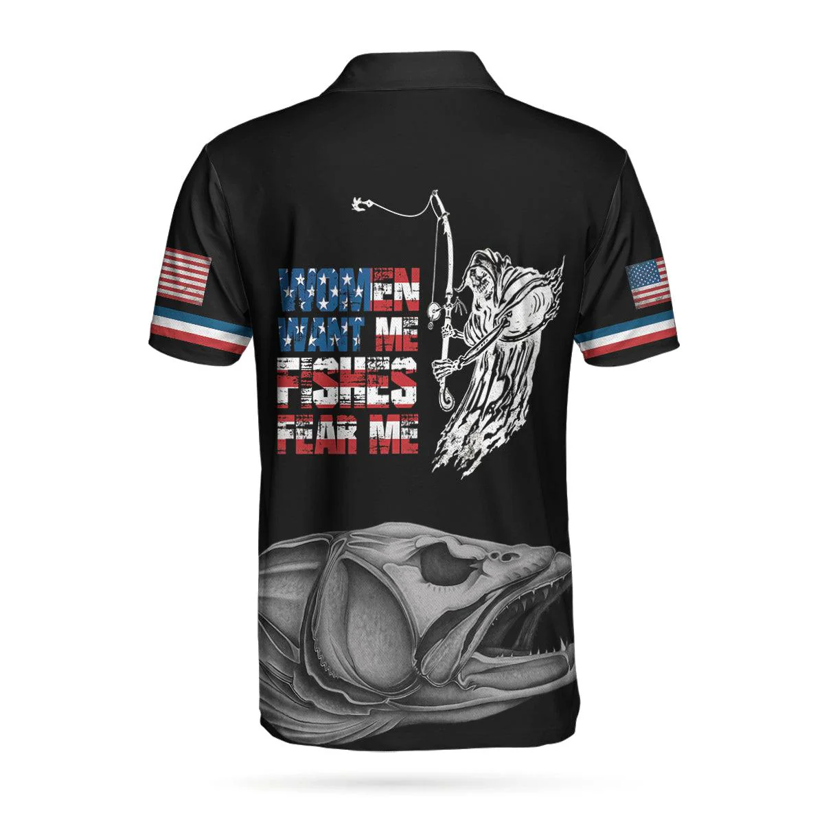 Woman Want Me Fishes Fear Me Black Version Polo Shirt, Fish Skeleton Reaper American Flag Polo Shirt, Best Fishing Shirt For Men - Image 3