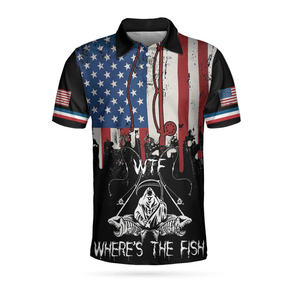 Woman Want Me Fishes Fear Me Black Version Polo Shirt, Fish Skeleton Reaper American Flag Polo Shirt, Best Fishing Shirt For Men - Image 4