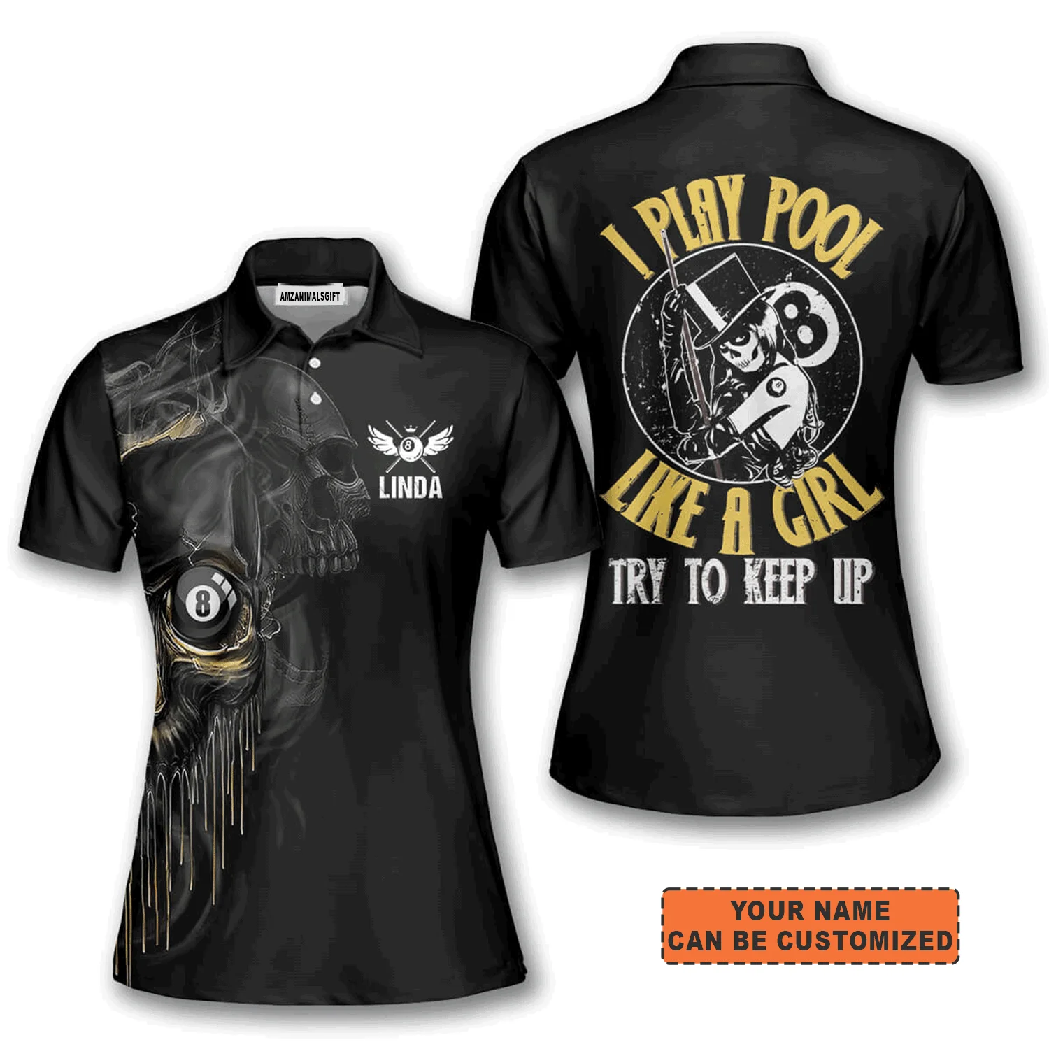Women Billiards Polo Shirt, Personalized Billiards Skull I Play Pool Like A Girl Polo Shirt For Women, Billiards Lover - Image 2
