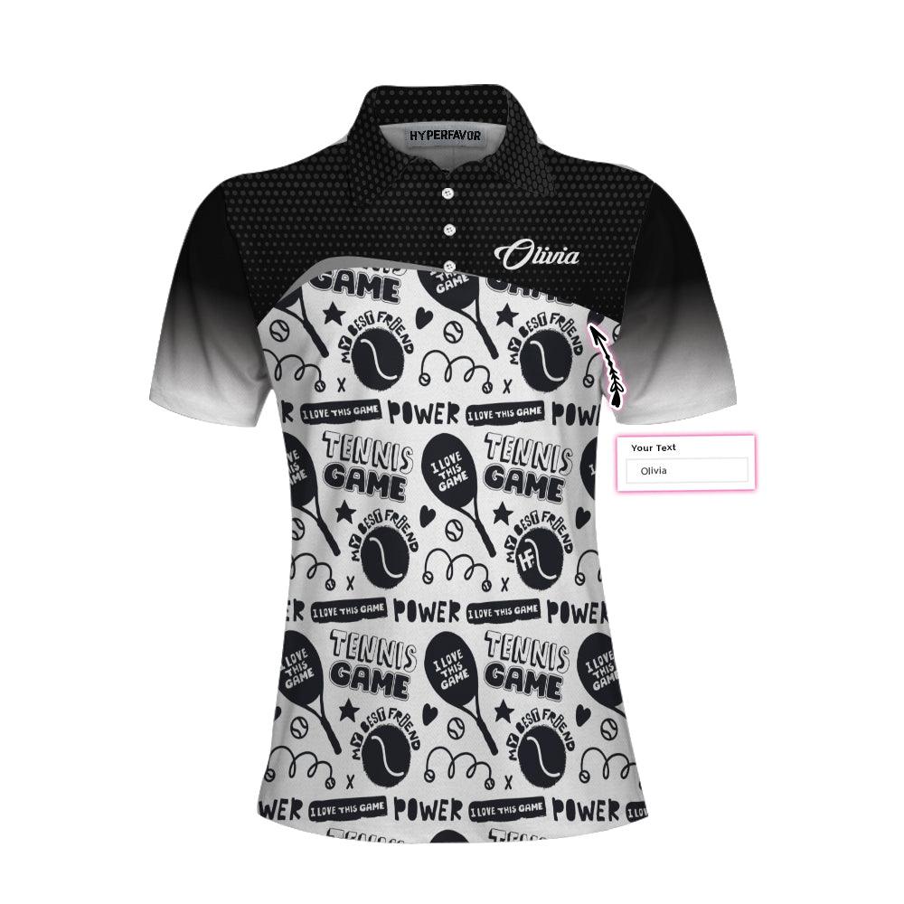 Women Tennis Polo Shirts - Black And White I Love Tennis Game Custom Women Polo Shirts - Image 2