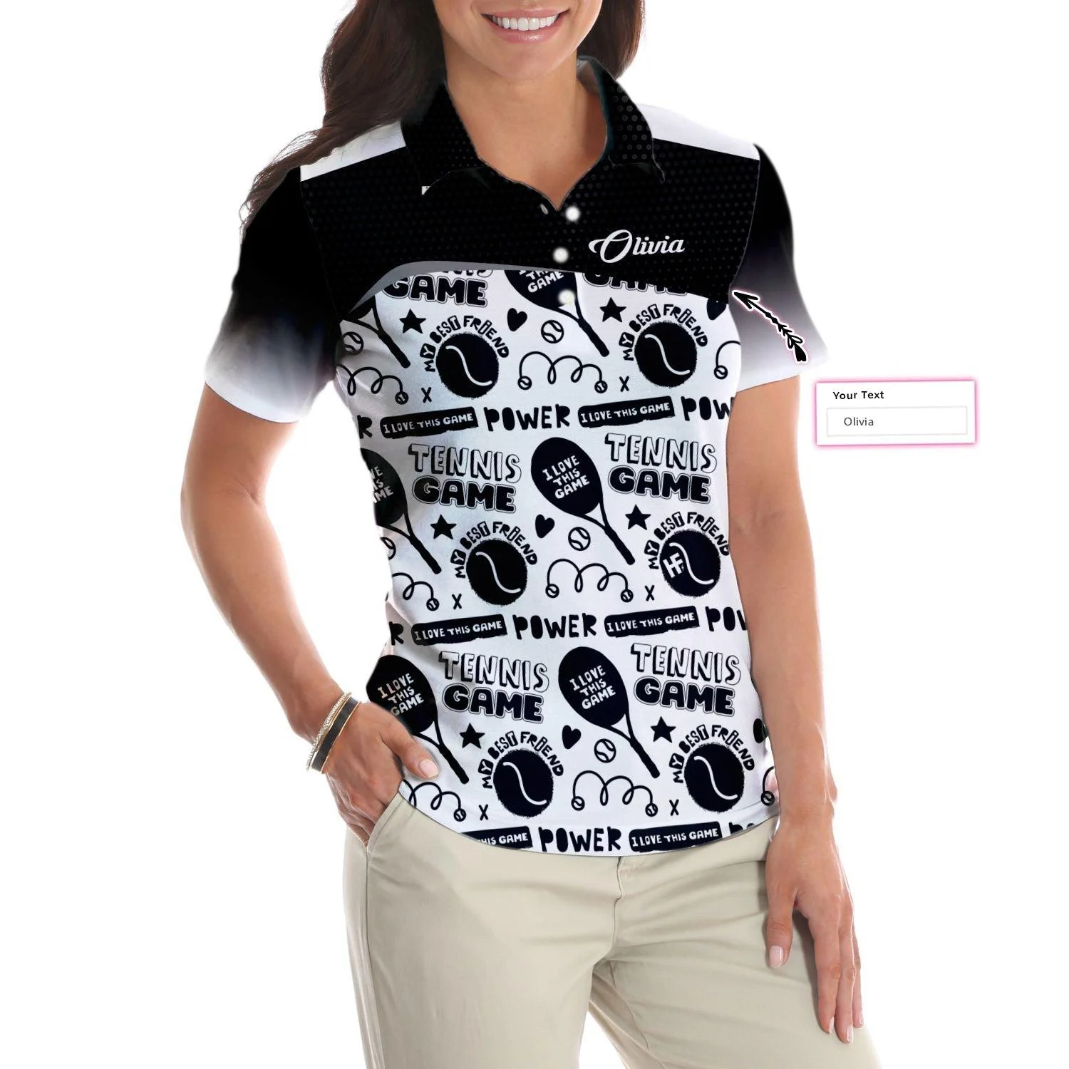 Women Tennis Polo Shirts - Black And White I Love Tennis Game Custom Women Polo Shirts - Image 4