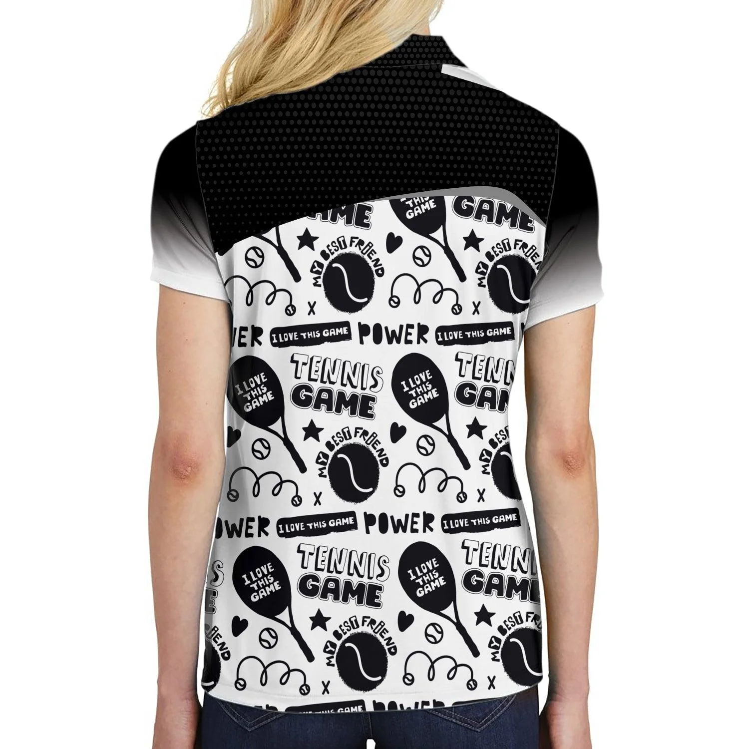 Women Tennis Polo Shirts - Black And White I Love Tennis Game Custom Women Polo Shirts - Image 5