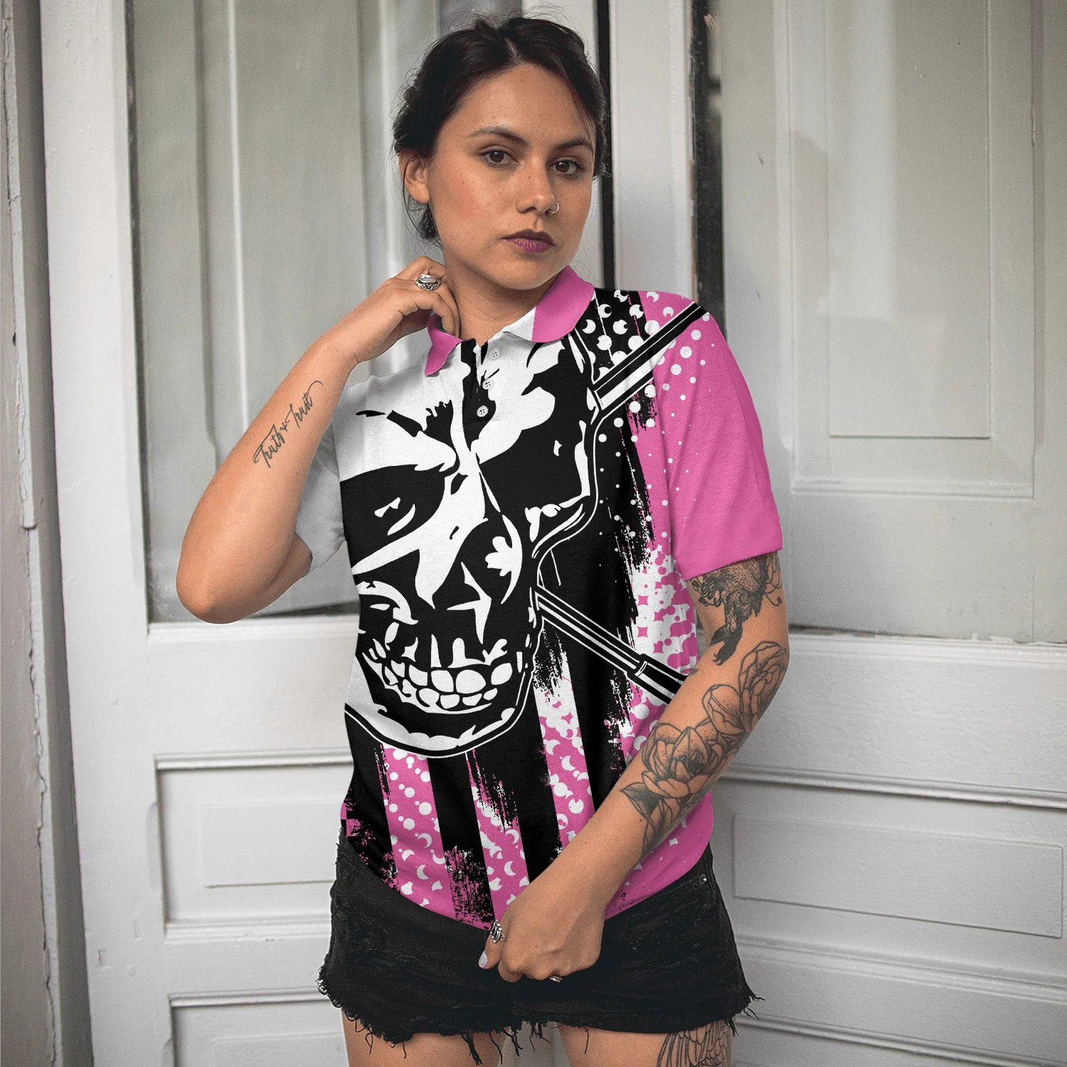 Women Polo Shirt - Blade Ladies Golf Pink Short Sleeve Women Polo Shirt, Skull Golf Shirt For Women, Unique Female Goff Gift - Image 5