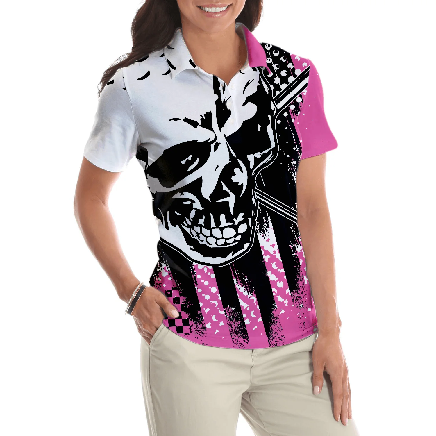 Women Polo Shirt - Blade Ladies Golf Pink Short Sleeve Women Polo Shirt, Skull Golf Shirt For Women, Unique Female Goff Gift - Image 6