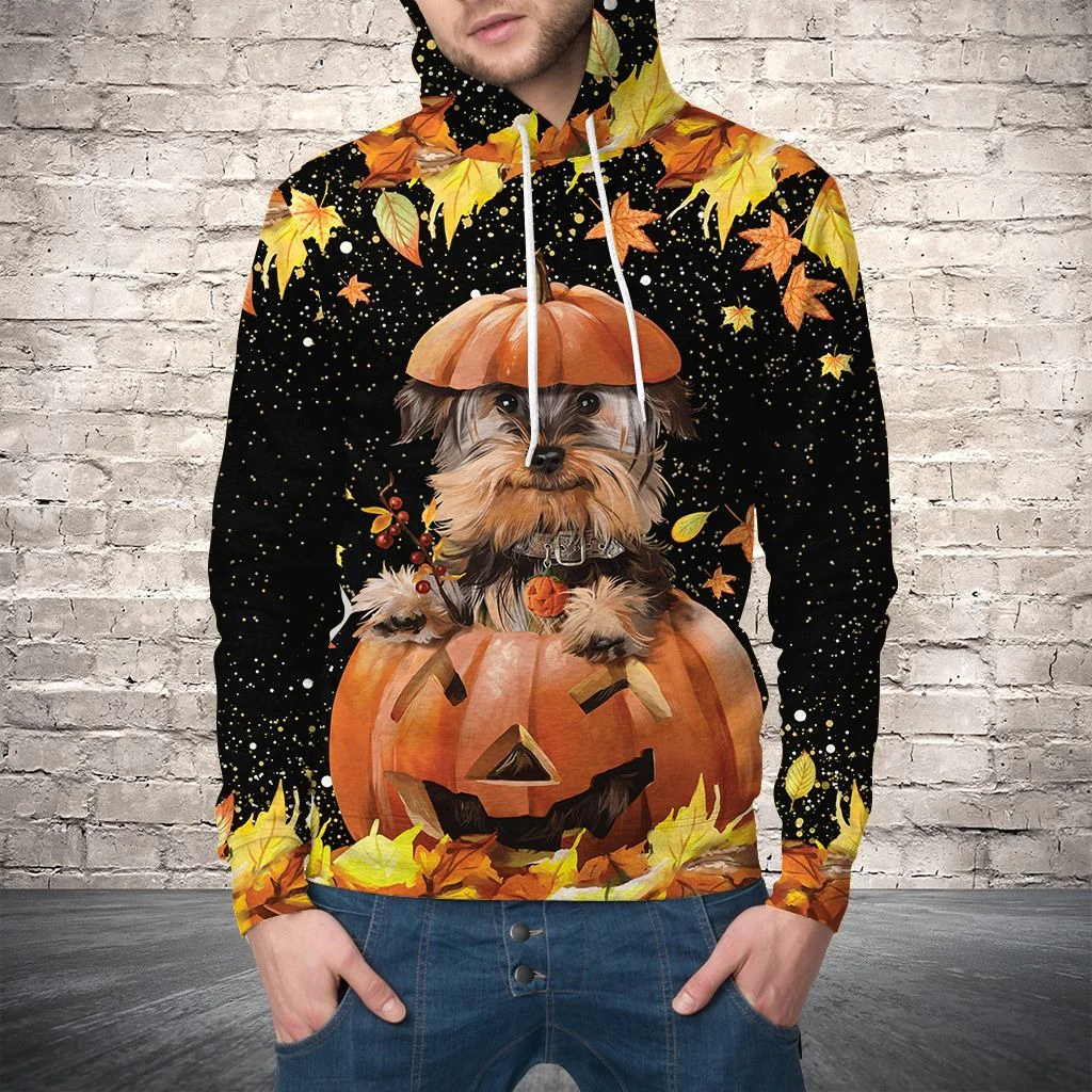 Yorkshire Terrier Fall Leaf Halloween Pattern Pullover Premium Hoodie, Perfect Outfit For Men And Women On Christmas New Year Autumn Winter - Image 2